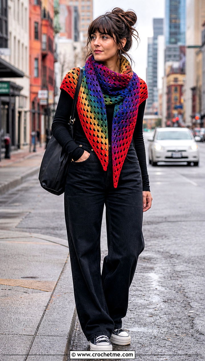 Rainbow Granny Square Triangle Shawl With Black Basics - 30 granny square triangle shawl outfit ideas