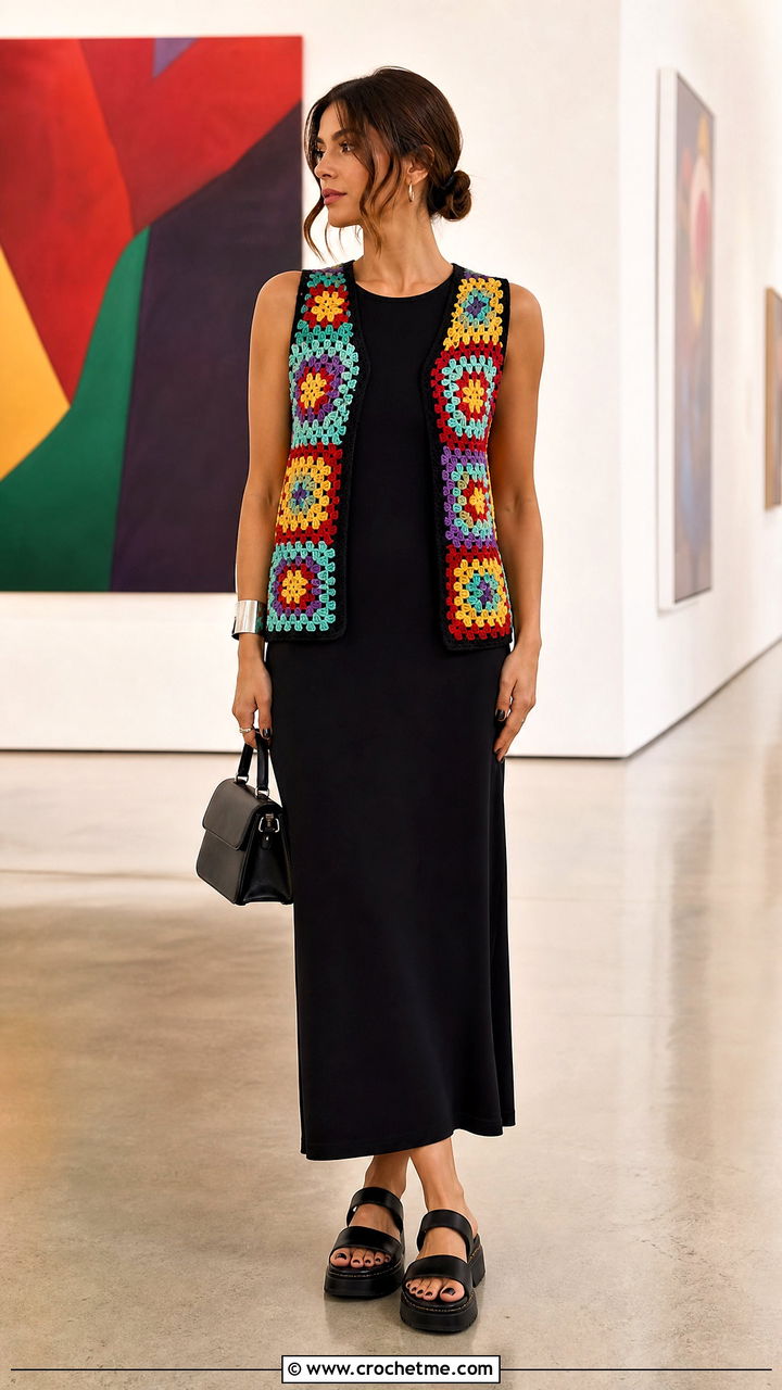 Rainbow Granny Square Vest With Black Column Dress - 35 granny square vest outfit ideas