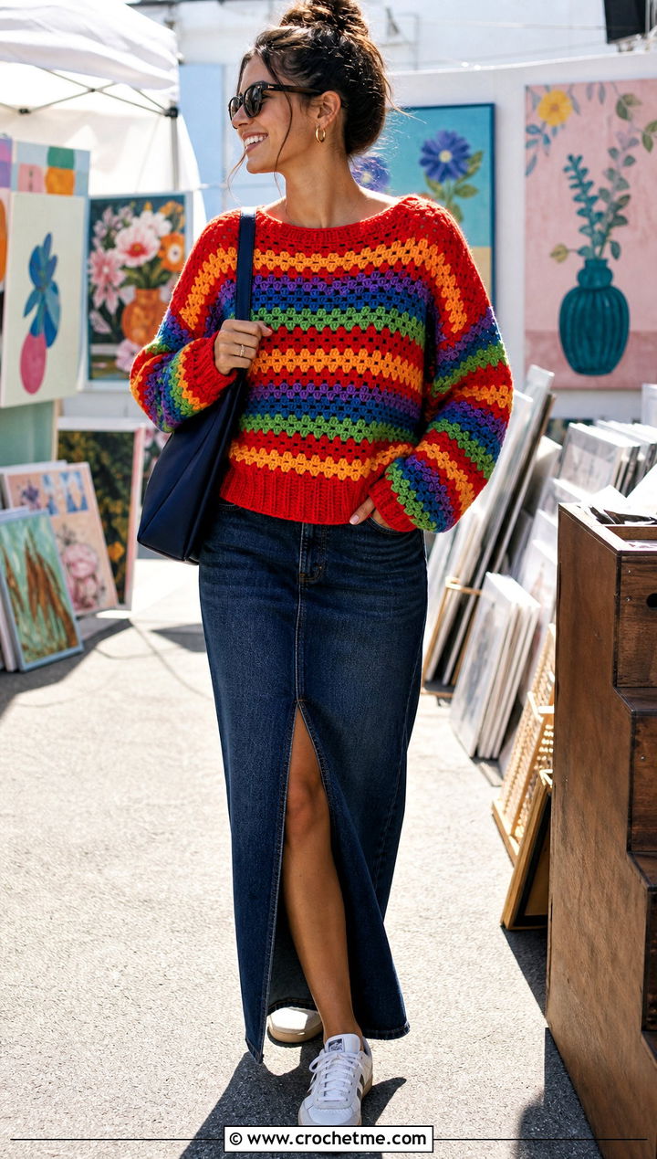 Rainbow Granny Stripe Crochet Sweater With Denim Maxi Skirt - 25 Granny Stripe Crochet Sweater outfit ideas