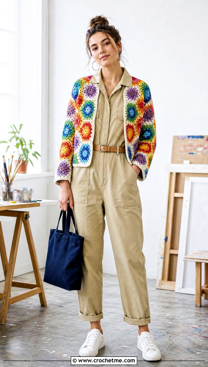 Rainbow Hexagon Granny Square Sweater With Utility Jumpsuit - 35 hexagon granny square sweater outfit ideas