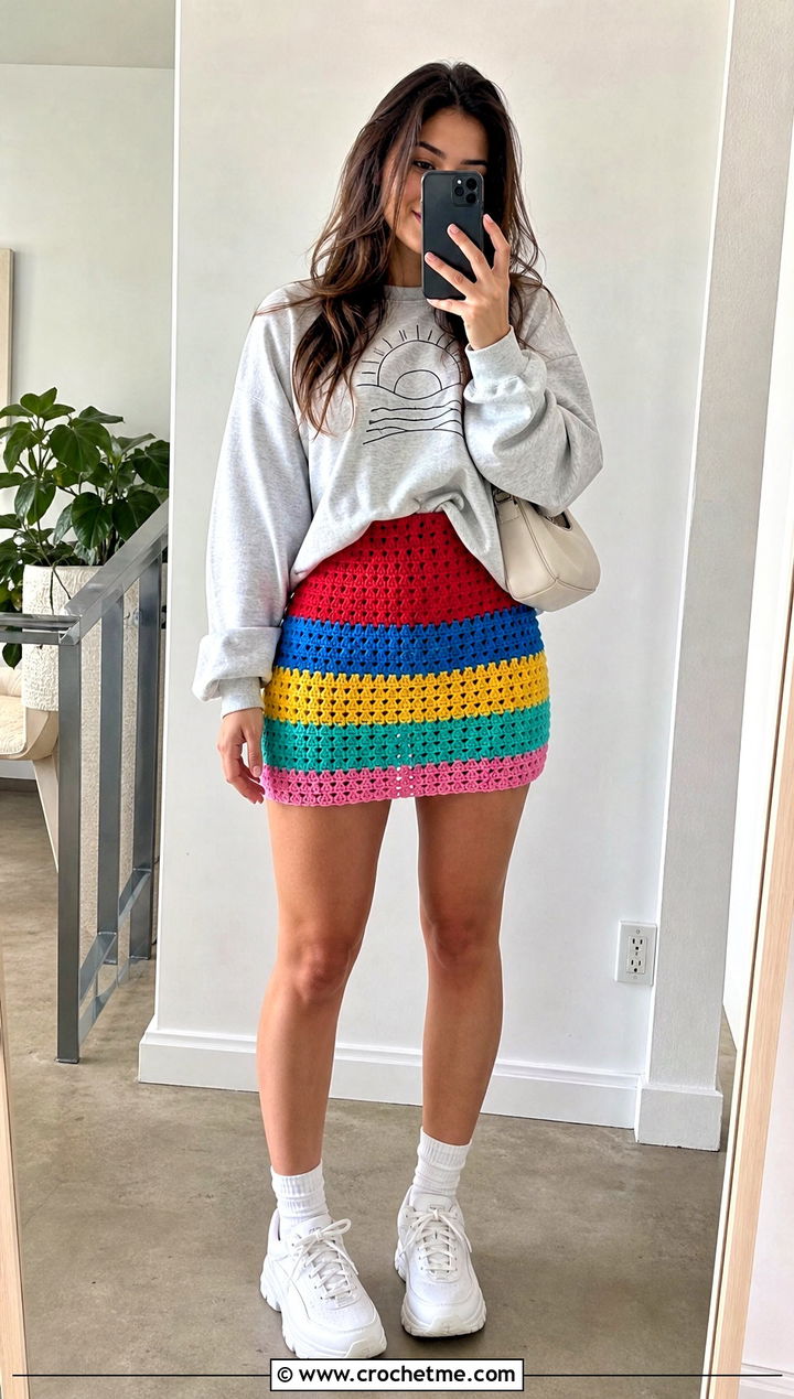 Rainbow High Waist Crochet Skirt With Graphic Sweatshirt - 25 Rainbow Crochet Skirt outfit ideas