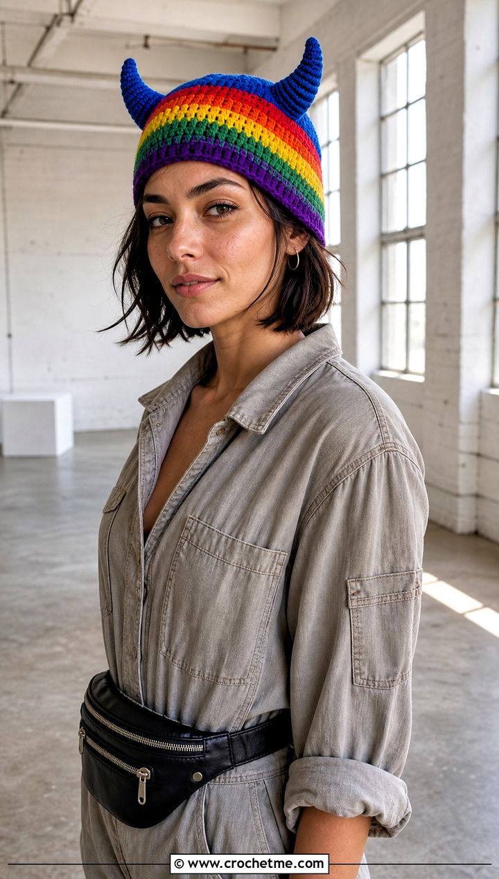 Rainbow Horn Beanie With Utility Jumpsuit - 30 crochet hat with horns outfit ideas