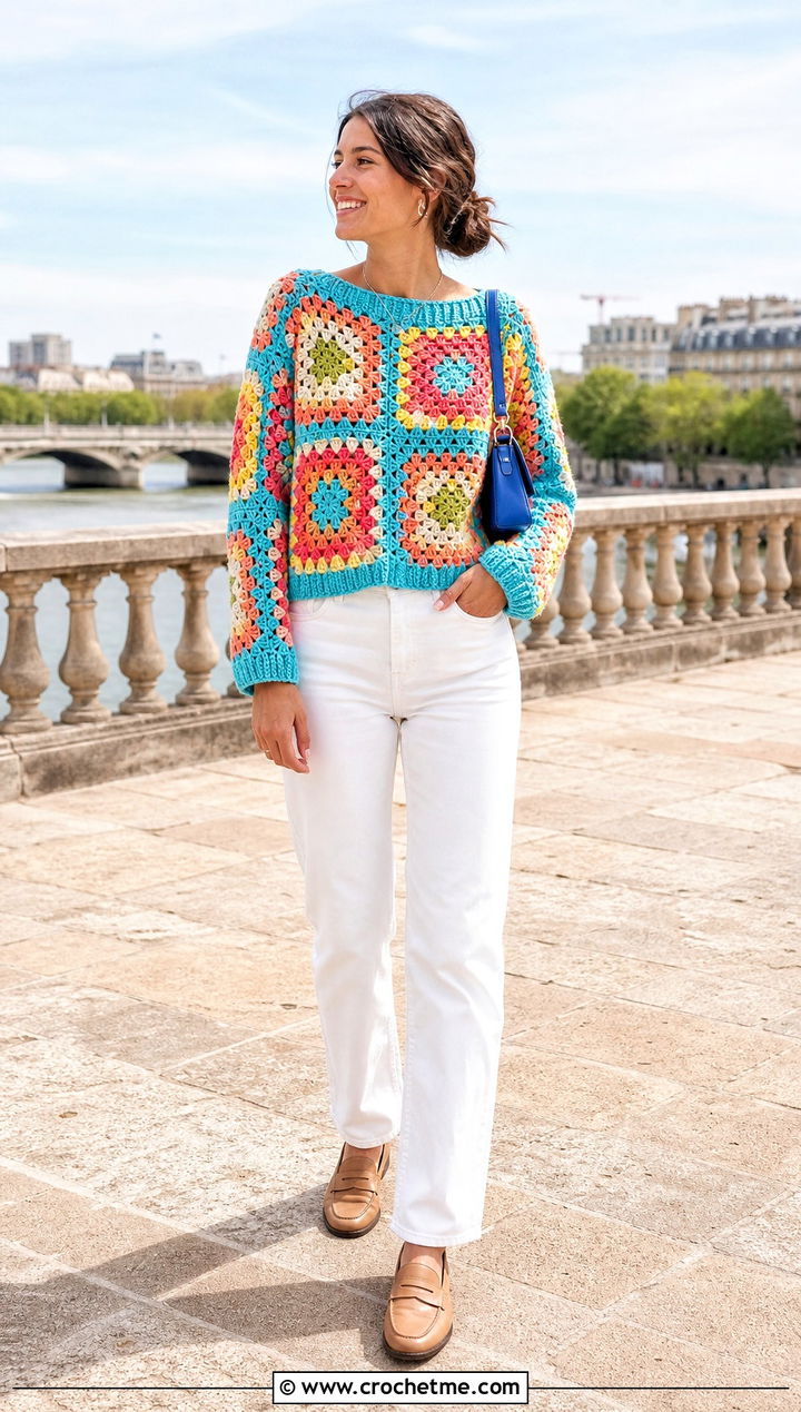 Rainbow Large Granny Square Sweater With White Jeans - 35 large granny square sweater outfit ideas