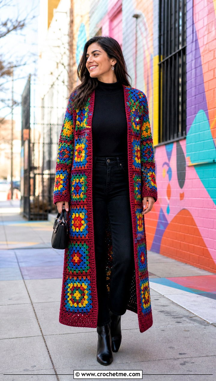 Rainbow Long Granny Square Cardigan With All Black Basics - 35 long granny square cardigan outfit ideas