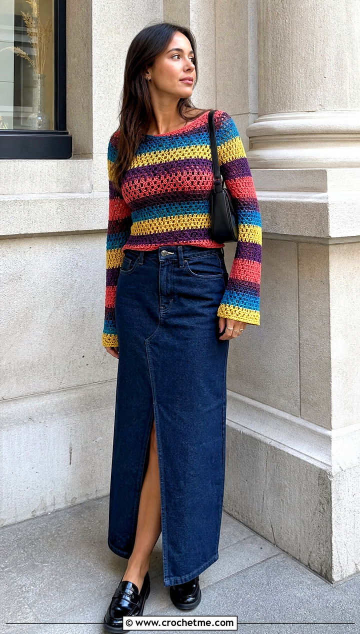 Rainbow Long Sleeve Crochet Top With Denim Maxi Skirt - 25 rainbow crochet top outfit ideas