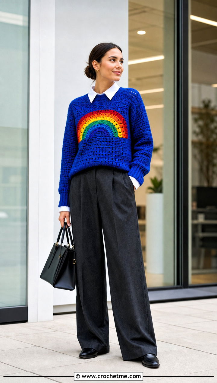Rainbow MABEL Crochet Sweater With Tailored Trousers - 35 crochet mabel sweater outfit ideas
