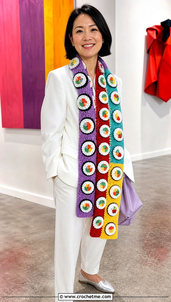 Rainbow Maki Crochet Sushi Scarf With White Pantsuit - 30 crochet sushi scarf outfit ideas