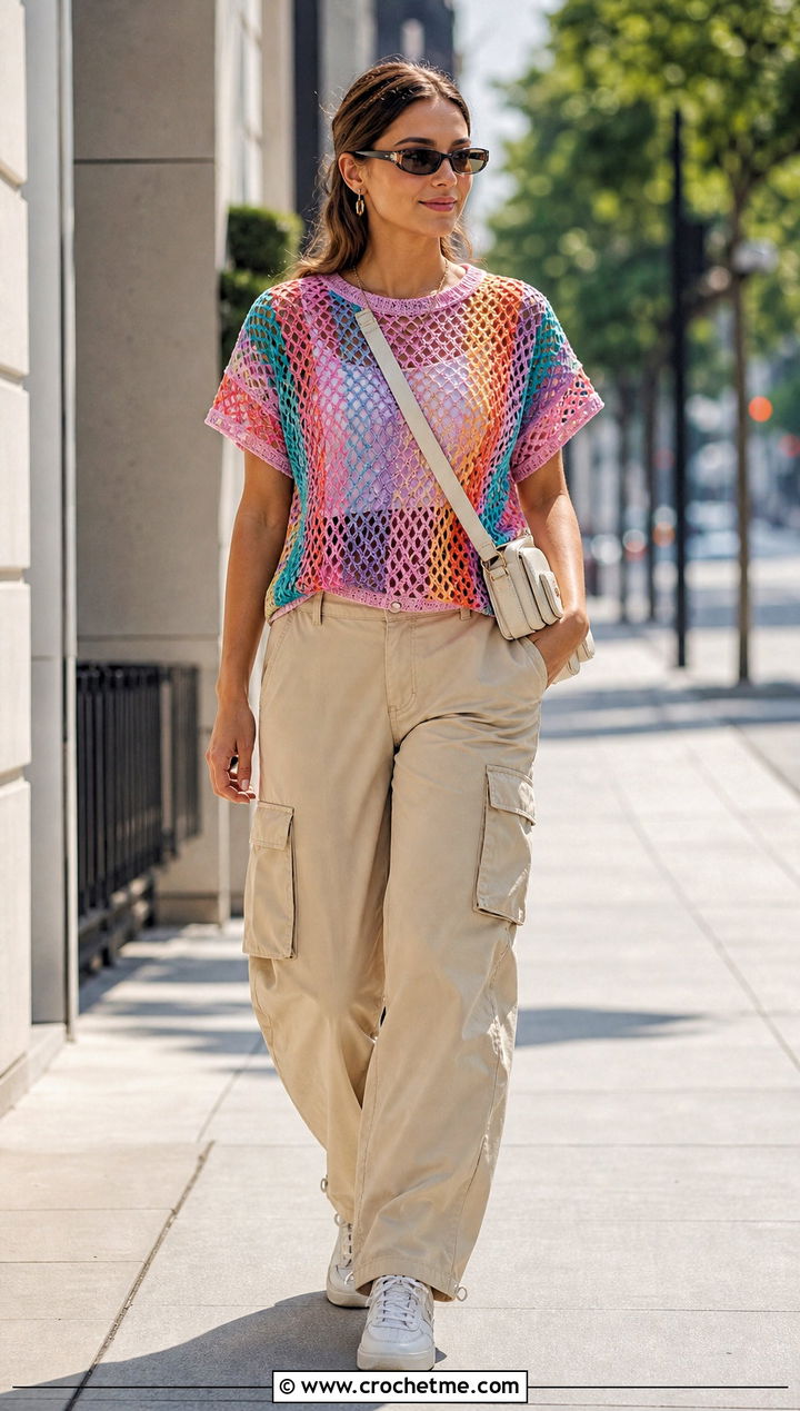 Rainbow Mesh Crochet Tee With Cargo Pants - 15 rainbow crochet summer top outfit ideas