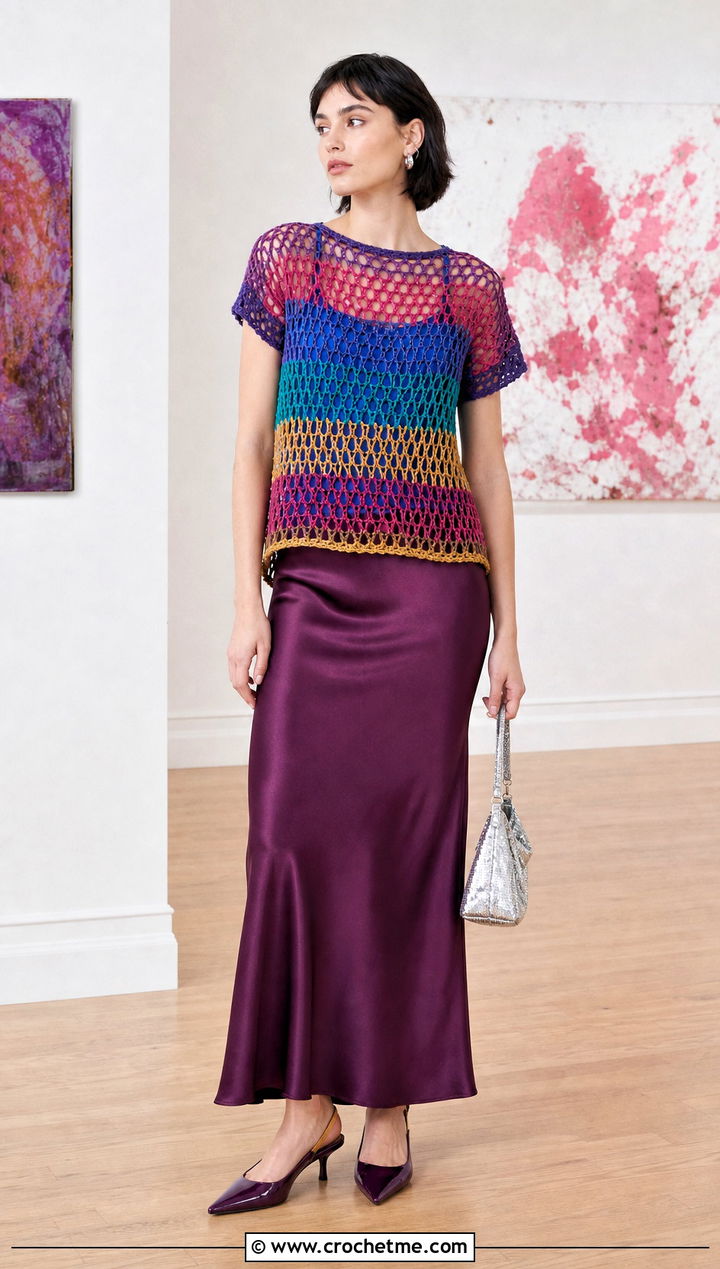 Rainbow Mesh Crochet Tee With Satin Slip Skirt - 35 crochet pride top outfit ideas