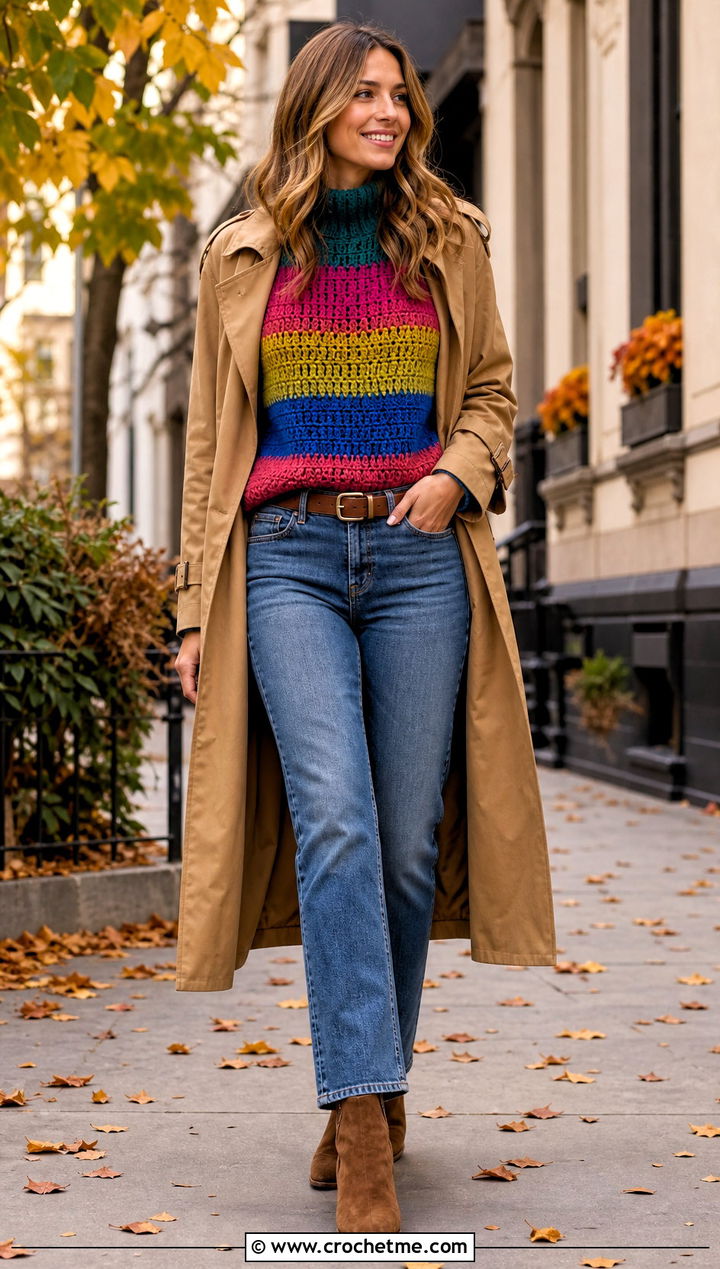 Rainbow Mock Neck Crochet Sweater With Straight Leg Jeans - 15 bright rainbow crochet sweater outfit ideas