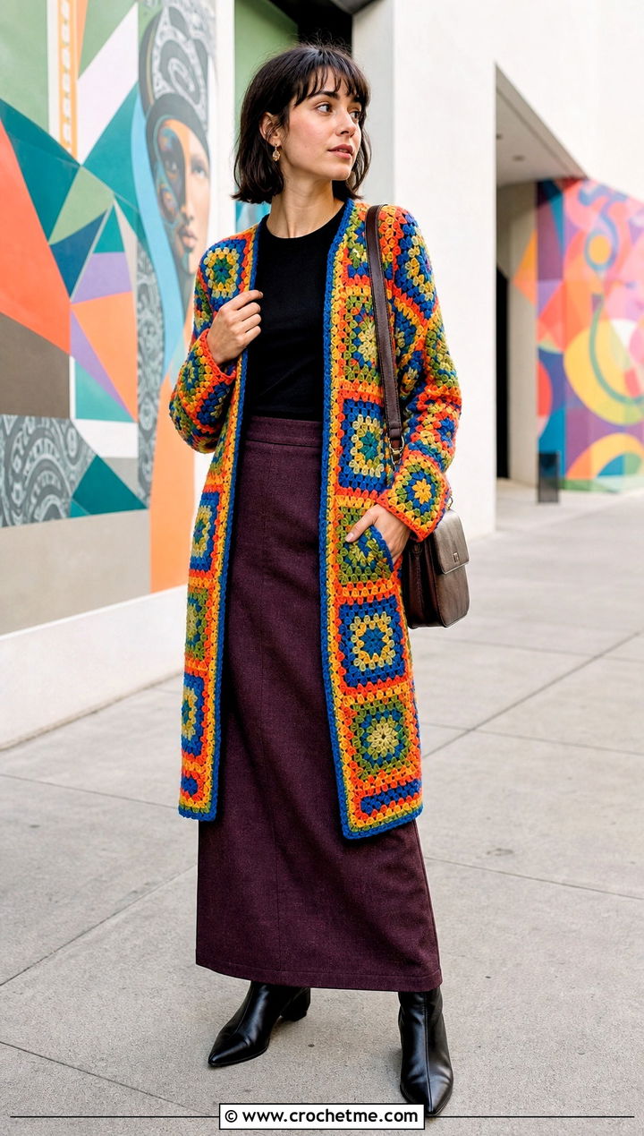 Rainbow Mosaic Crochet Cardigan With Maxi Skirt - 25 Rainbow Crochet Cardigan outfit ideas