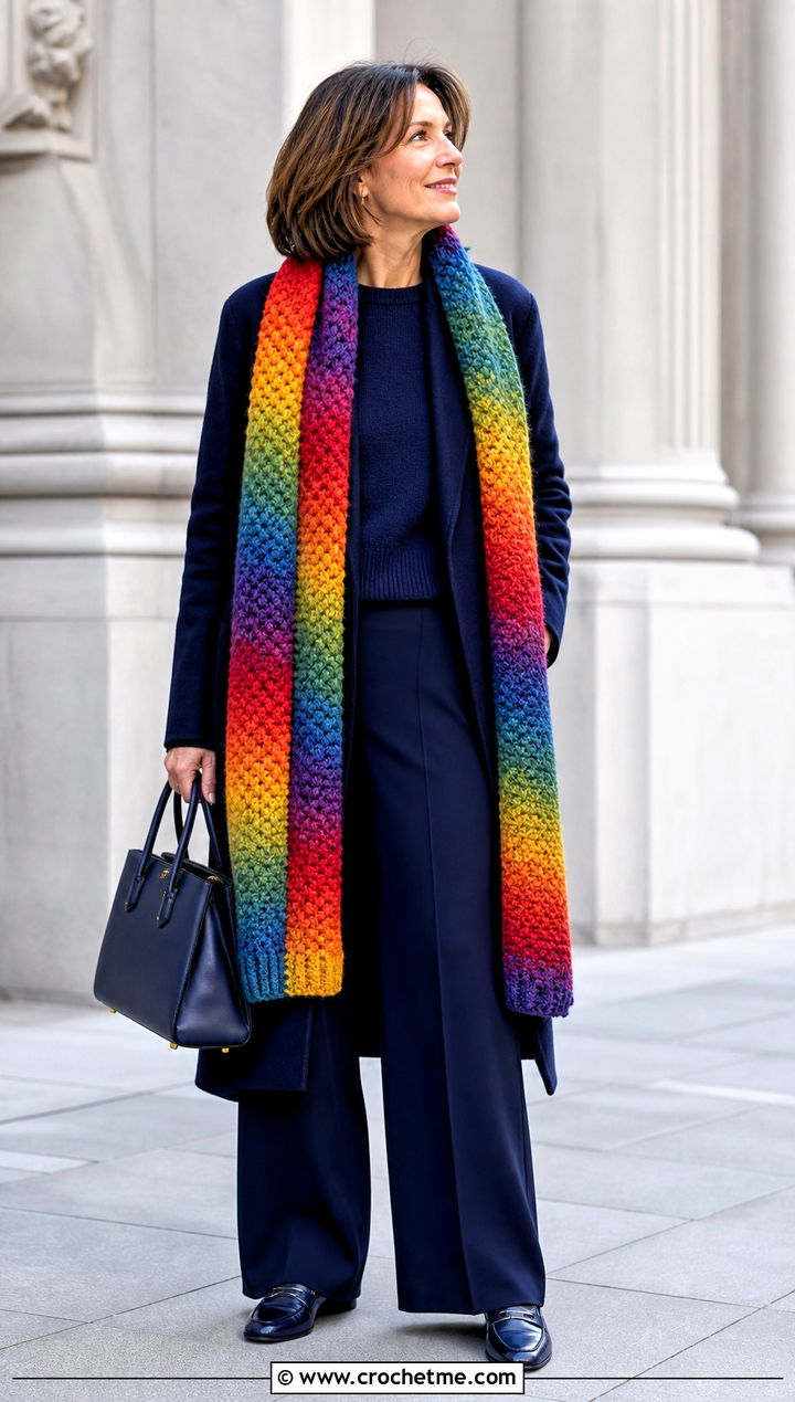 Rainbow Moss Stitch Scarf With Monochrome Navy Outfit - 35 crochet moss stitch scarf outfit ideas