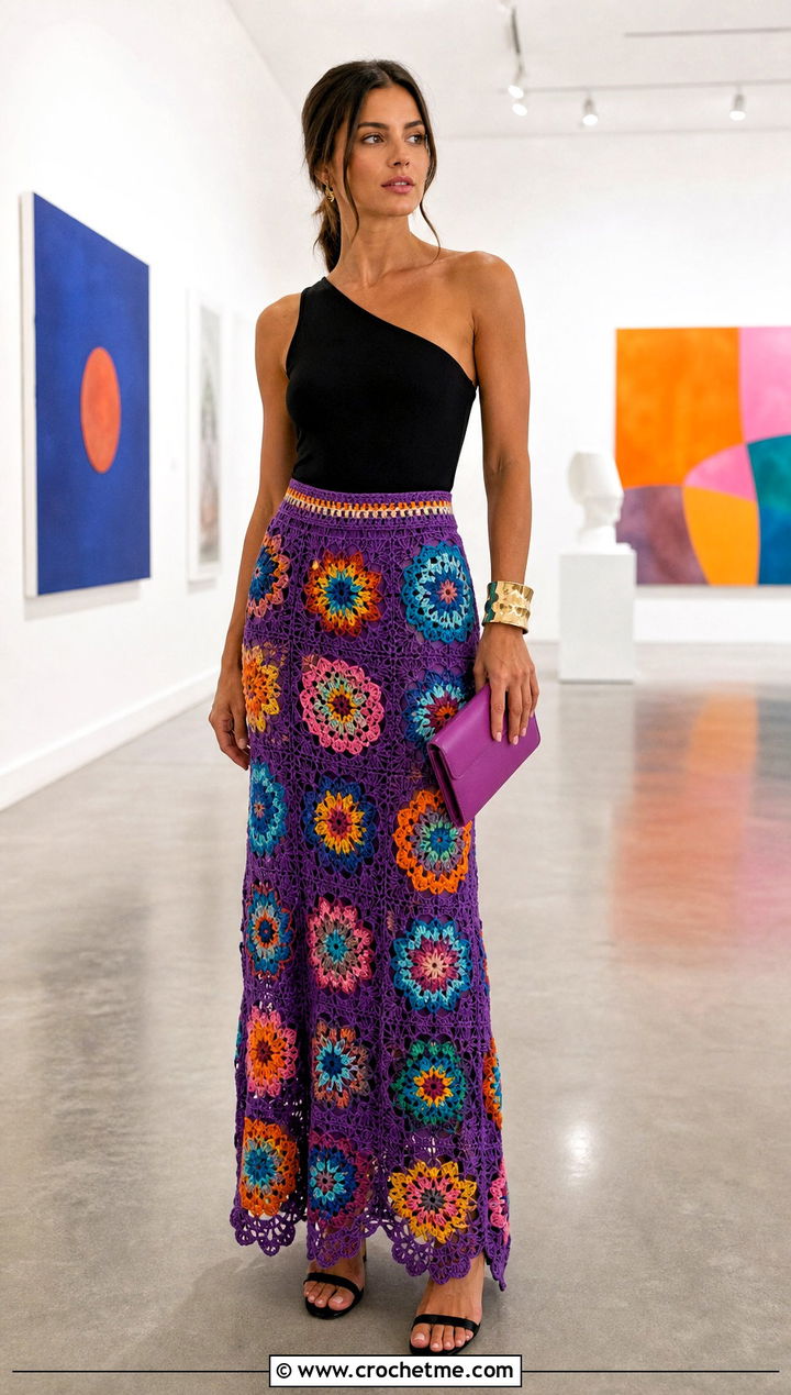 Rainbow Motif Crochet Maxi Skirt With One Shoulder Top - 25 Rainbow Crochet Skirt outfit ideas