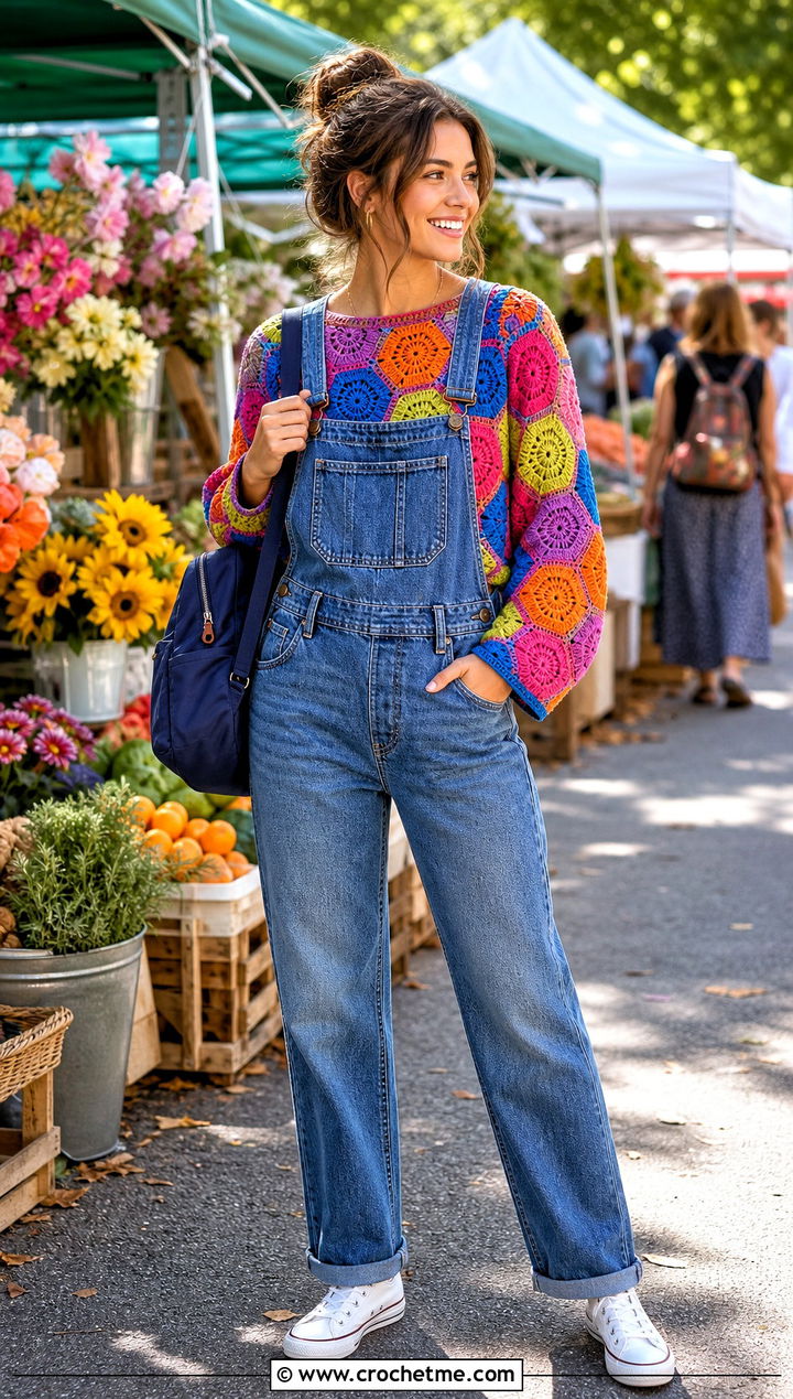 Rainbow Motif Hexagon Top With Denim Overalls - 35 crochet hexagon top outfit ideas