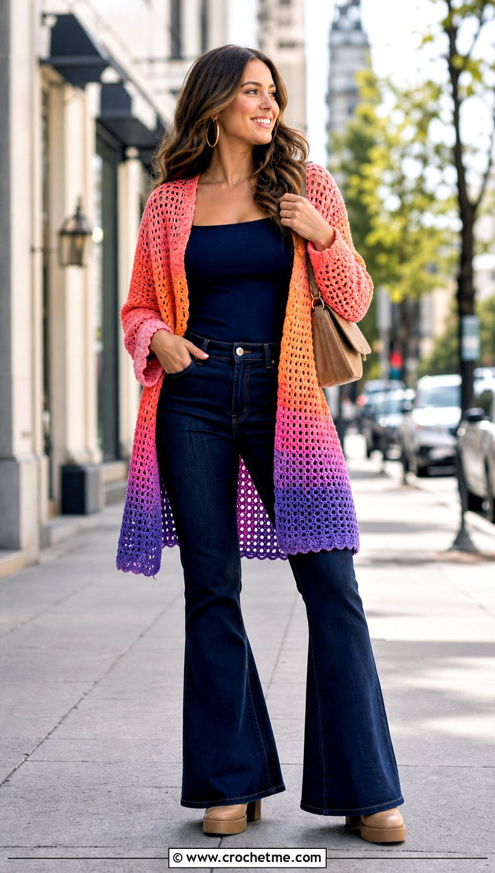 Rainbow Ombre Crochet Cardigan With Flared Jeans - 25 Rainbow Crochet Cardigan outfit ideas