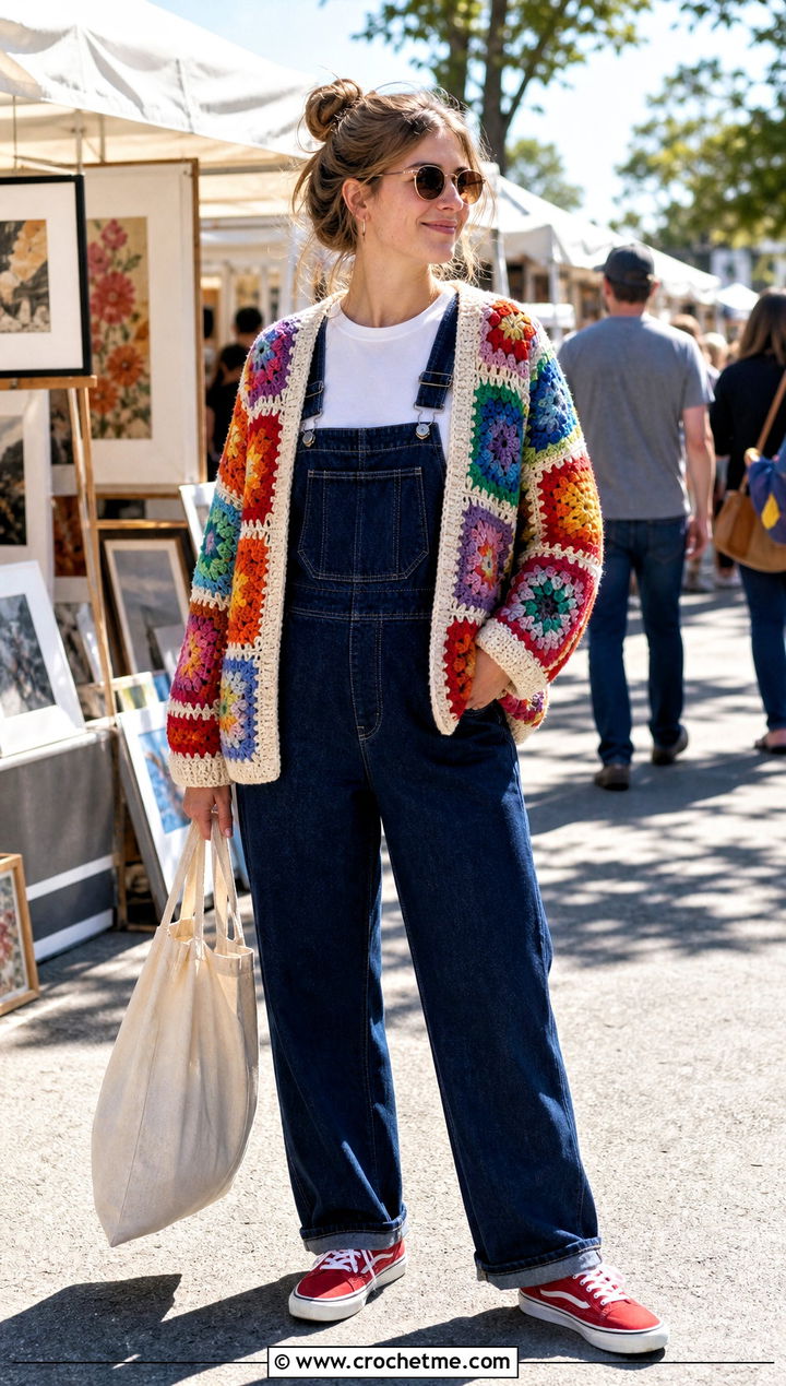 Rainbow Oversized Granny Square Cardigan With Overalls - 25 Oversized Granny Square Cardigan outfit ideas