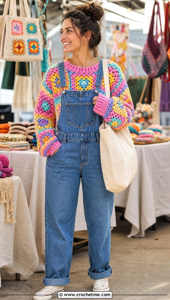 Rainbow Oversized Granny Square Sweater With Denim Overalls - 30 oversized granny square sweater outfit ideas