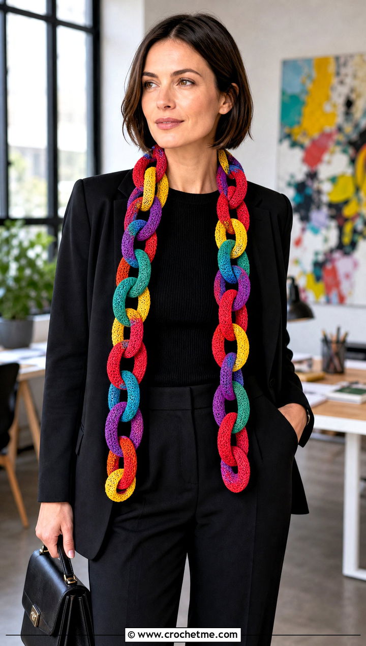 Rainbow Paper Chain Crochet Scarf With Black Blazer And Trousers - 15 Chain Link Crochet Scarf outfit ideas