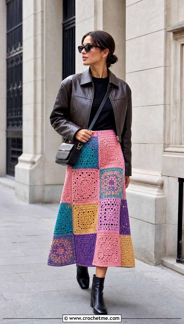 Rainbow Patchwork Crochet A Line Skirt With Leather Jacket - 25 Rainbow Crochet Skirt outfit ideas