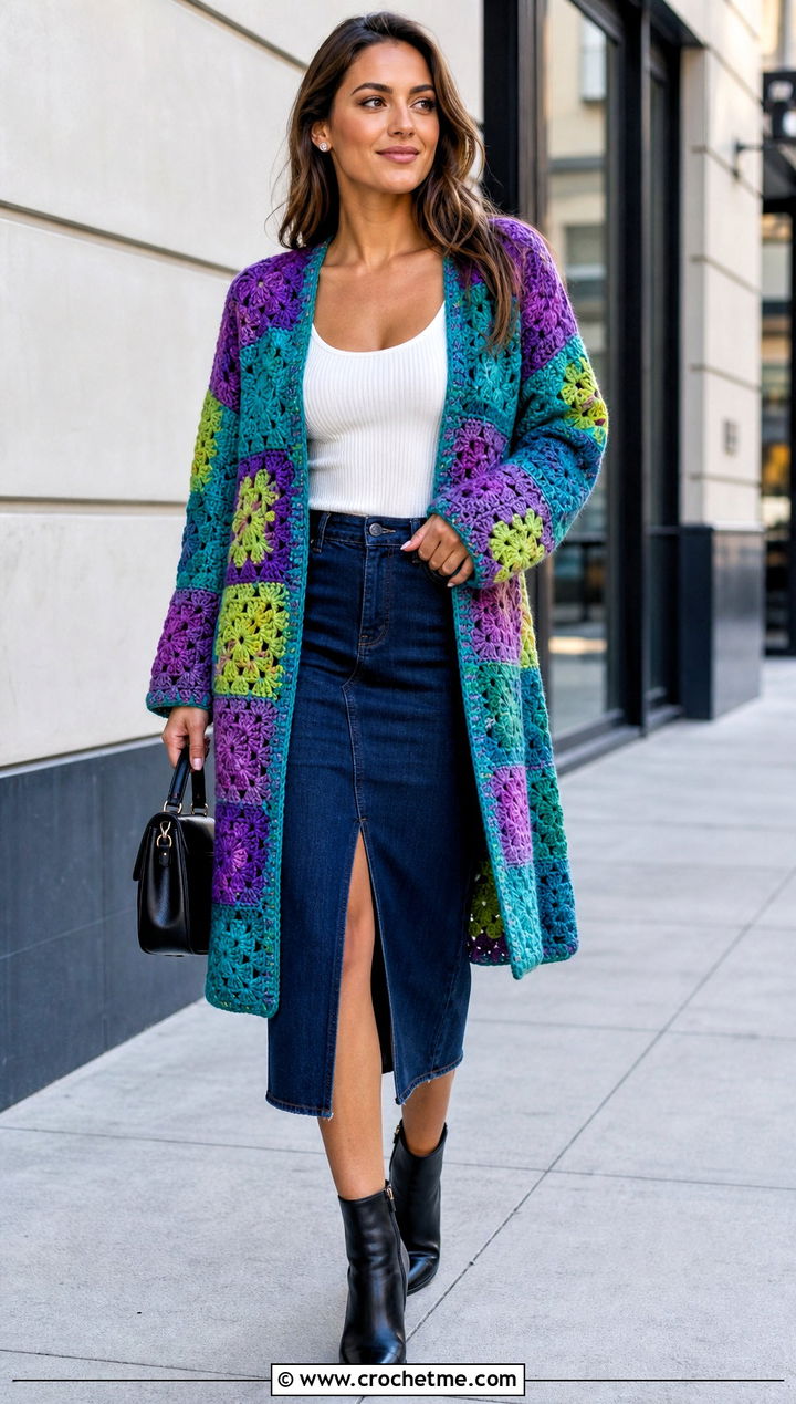 Rainbow Patchwork Crochet Cardigan With Denim Skirt - 25 Rainbow Crochet Cardigan outfit ideas