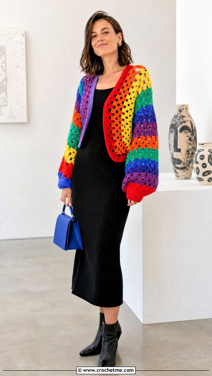 Rainbow Patchwork Crochet Sweater With Black Midi Dress - 35 patchwork crochet sweater outfit ideas