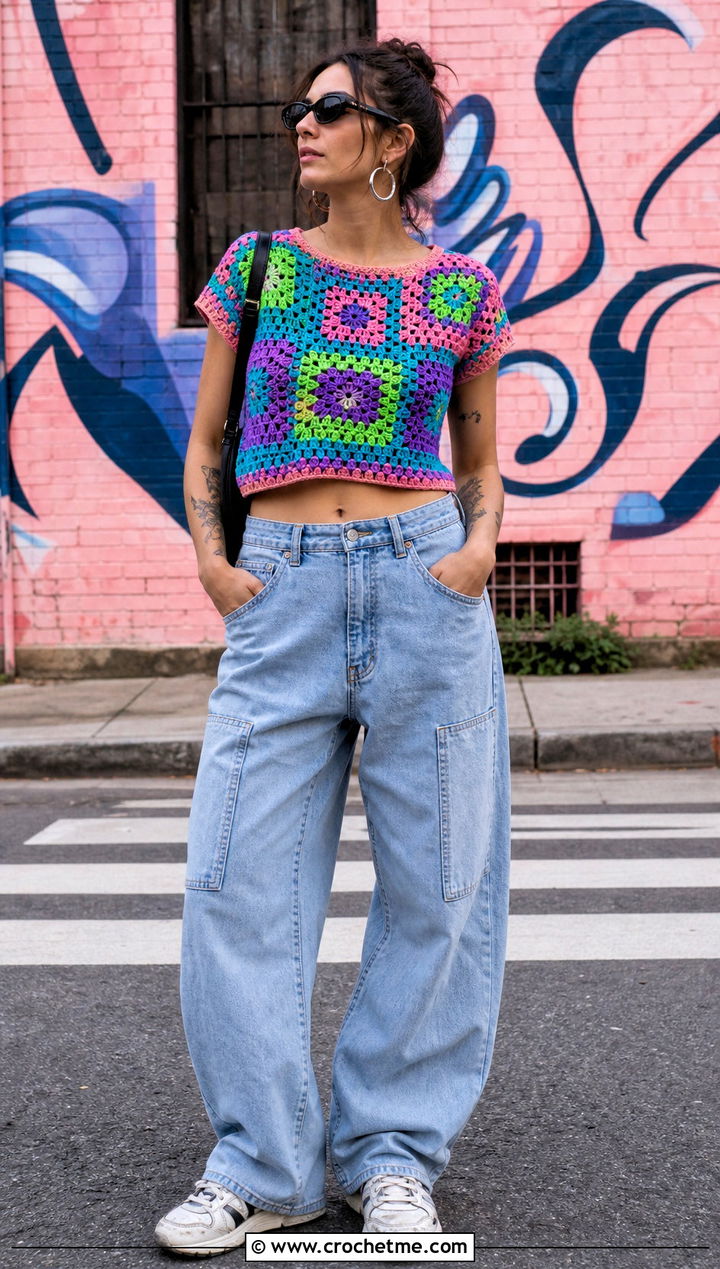 Rainbow Patchwork Crochet Top With Baggy Jeans - 25 rainbow crochet top outfit ideas