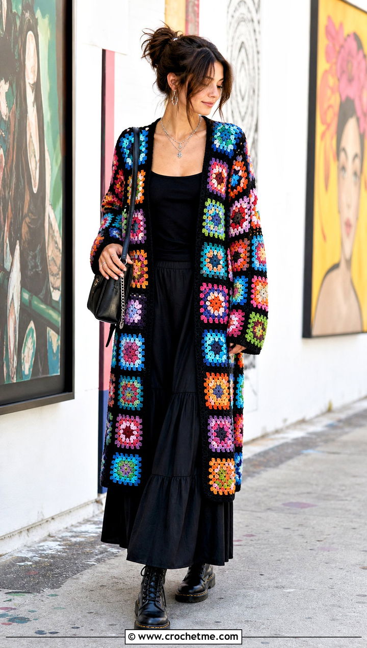 Rainbow Patchwork Granny Square Cardigan With Black Maxi Skirt - 20 Grant Square Crochet Cardigan outfit ideas