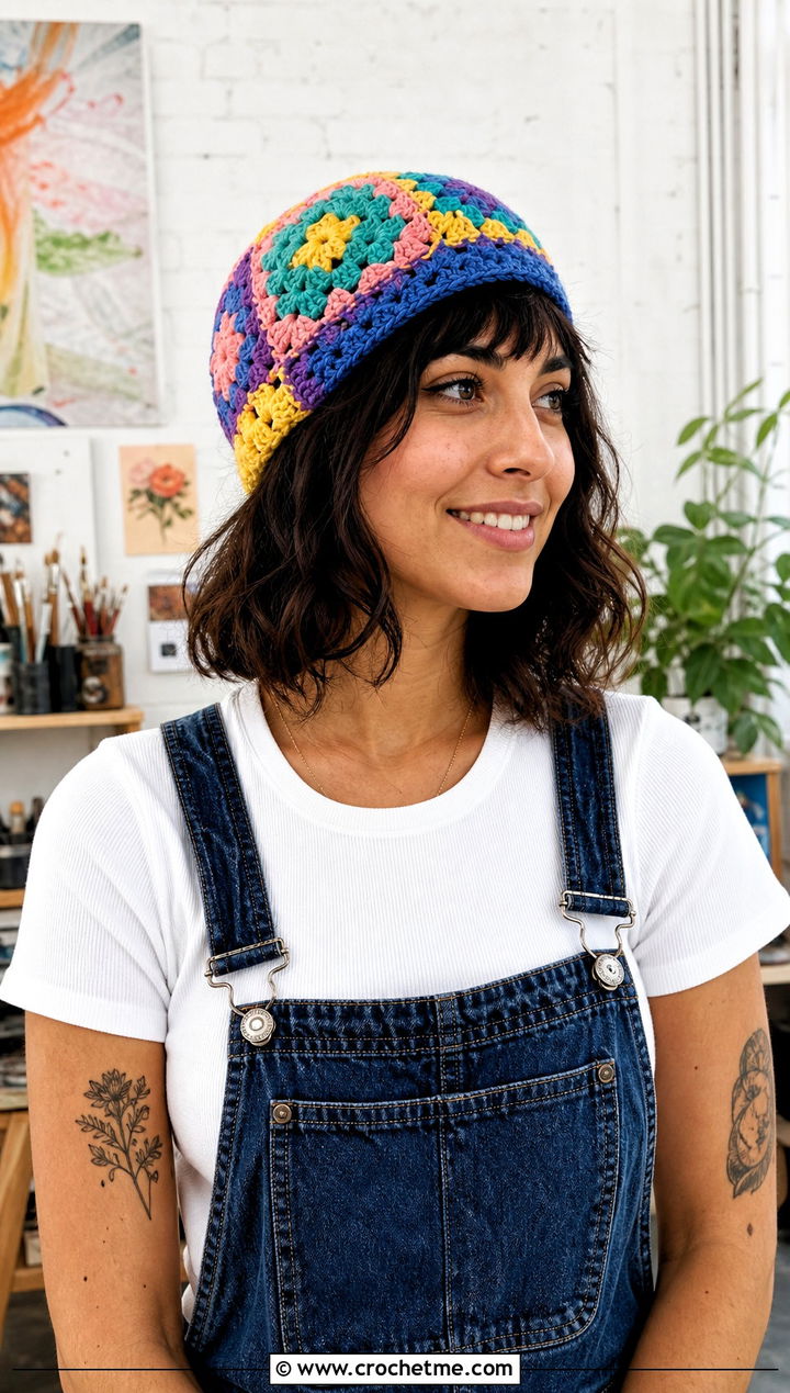 Rainbow Patchwork Granny Square Crochet Beanie With Denim Overalls - 30 granny square crochet beanie outfit ideas