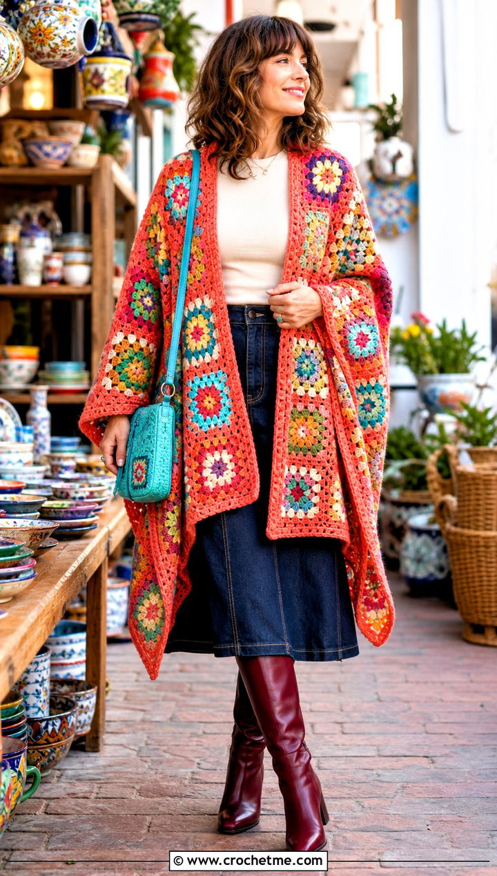 Rainbow Patchwork Granny Square Ruana With Denim Skirt - 25 Granny Square Ruana outfit ideas
