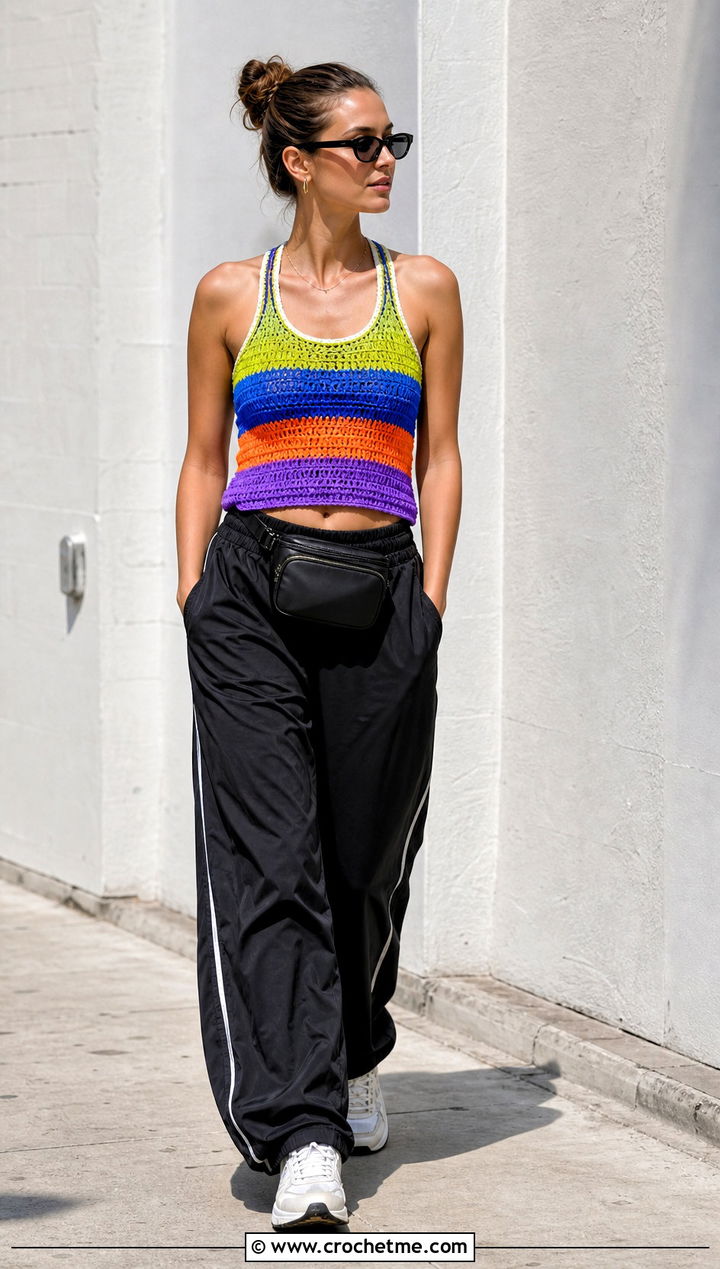 Rainbow Racerback Crochet Top With Track Pants - 25 rainbow crochet top outfit ideas