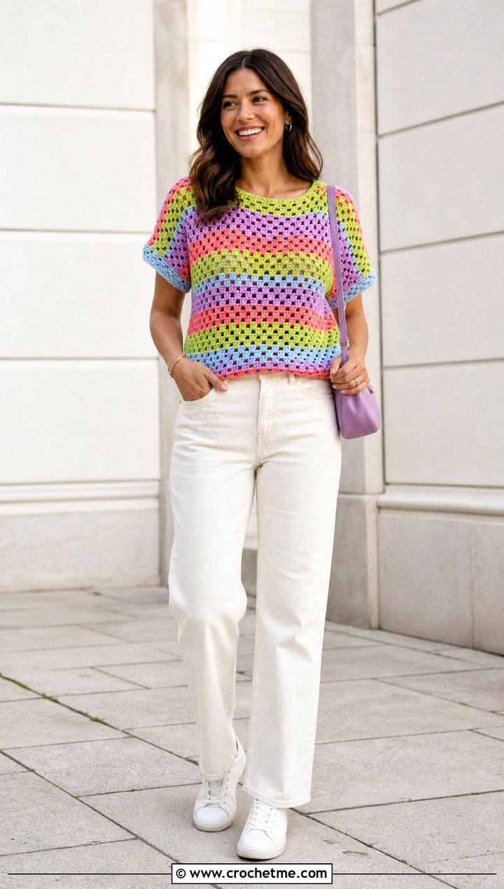 Rainbow Relaxagon Crochet Shirt With White Jeans - 15 relaxagon crochet shirt outfit ideas