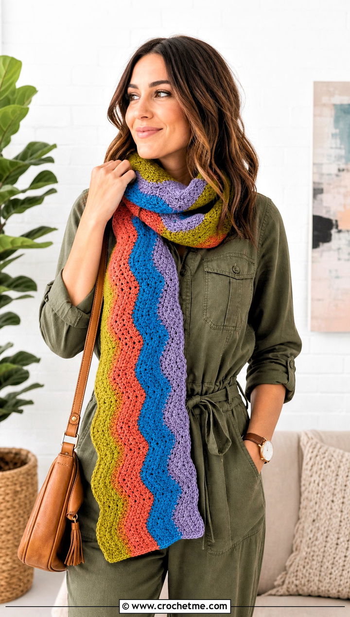 Rainbow Ripple Crochet Crayon Scarf With Utility Jumpsuit - 15 Crochet Crayon Scarf outfit ideas