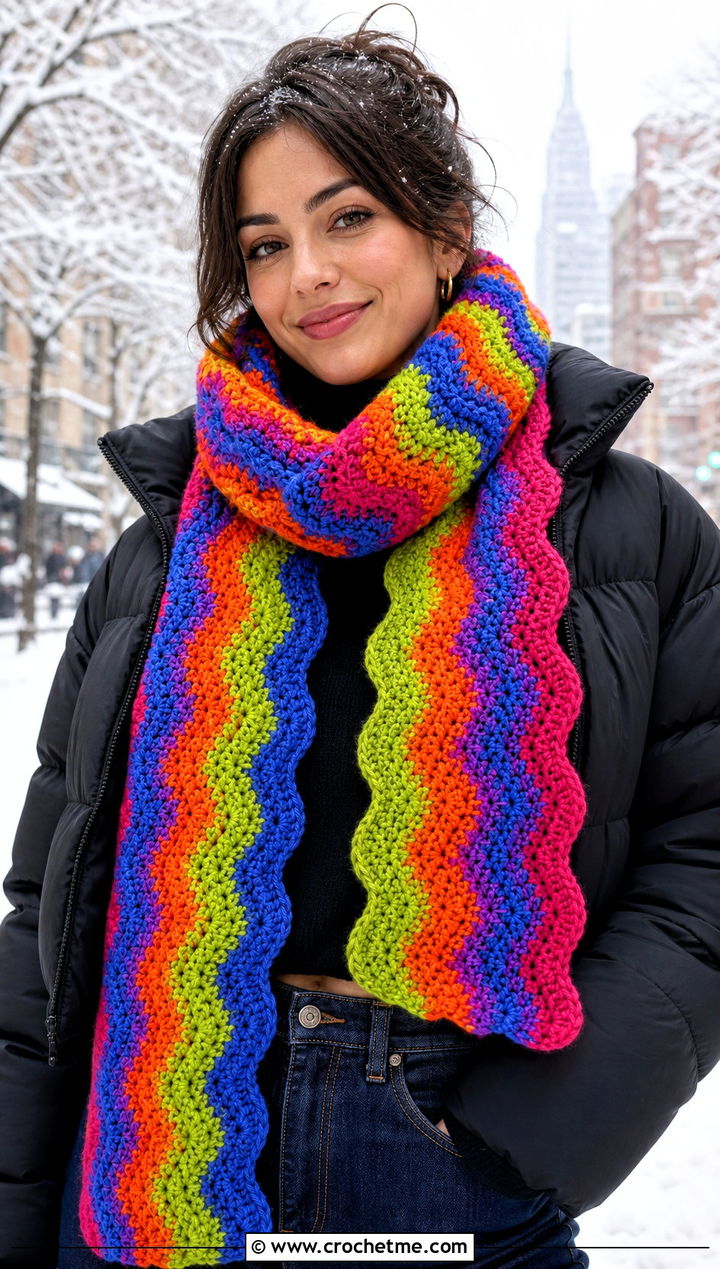 Rainbow Ripple Crochet Scarf With Puffer Jacket - 25 multi colored crochet scarf outfit ideas