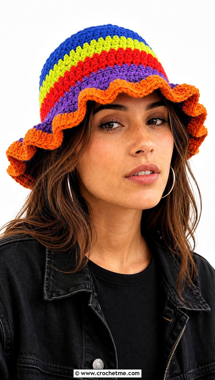Rainbow Ruffle Crochet Bucket Hat With Black Basics - 25 Crochet Bucket Hat With Ruffles outfit ideas