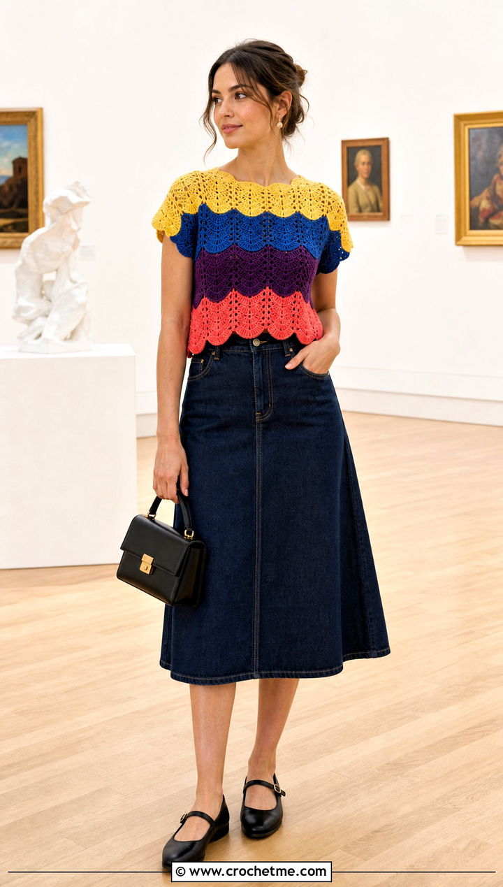 Rainbow Scalloped Crochet Top With A Line Skirt - 25 rainbow crochet top outfit ideas
