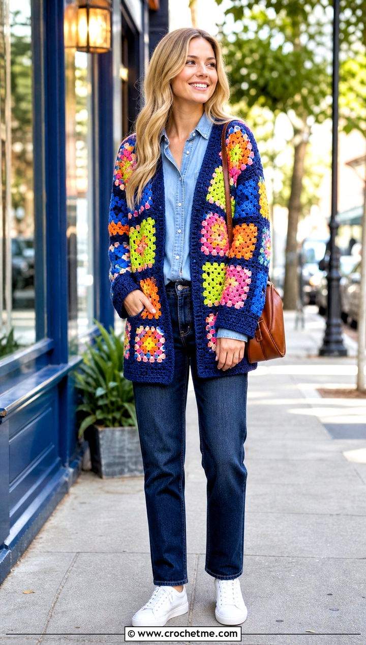 Rainbow Scrap Patchwork Cardigan With Double Denim - 30 crochet patch work cardigan outfit ideas
