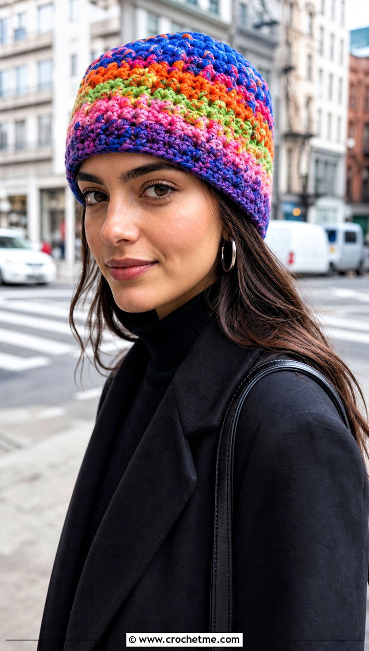 Rainbow Scrap Yarn Crochet Beanie With All Black Outfit - 30 scrap yarn crochet beanie outfit ideas
