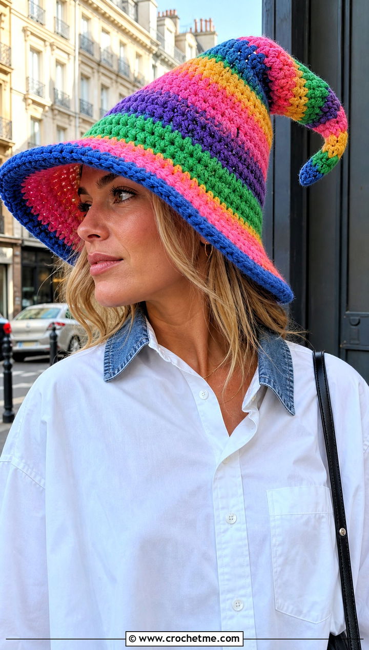 Rainbow Slouchy Crochet Witch Hat With White Shirt Outfit - 30 slouchy crochet witch hat outfit ideas