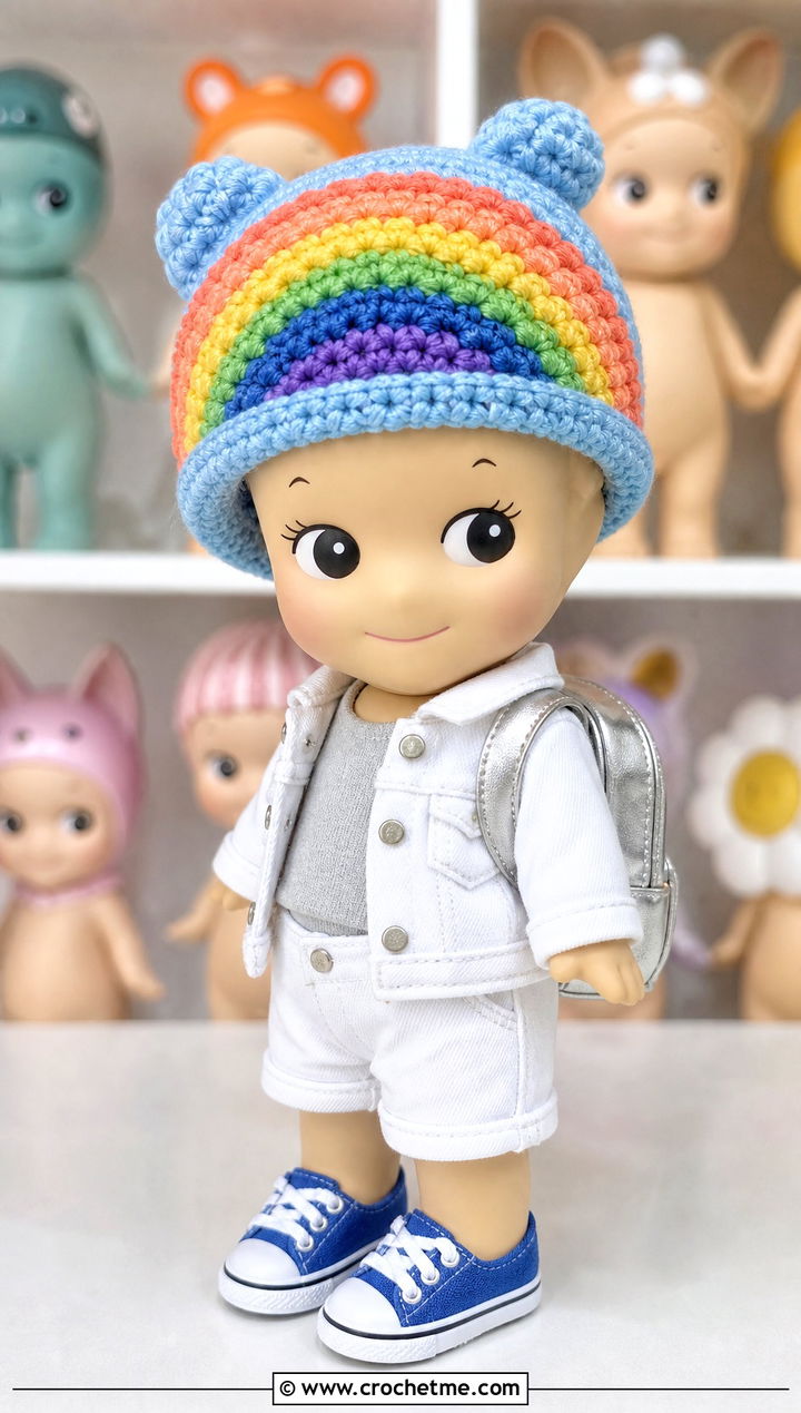 Rainbow Sonny Angel Crochet Hat With White Denim Outfit - 30 sonny angel crochet hat outfit ideas