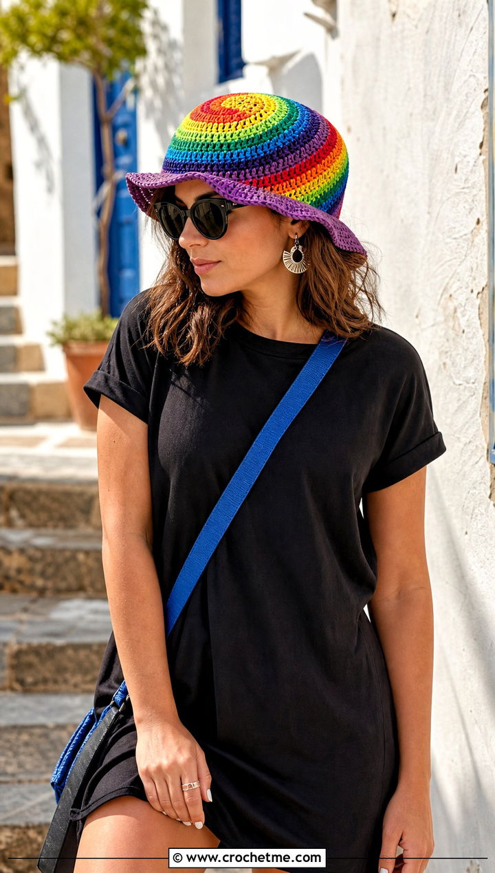 Rainbow Spiral Crochet Hat With Black T Shirt Dress - 30 crochet swirl hat outfit ideas