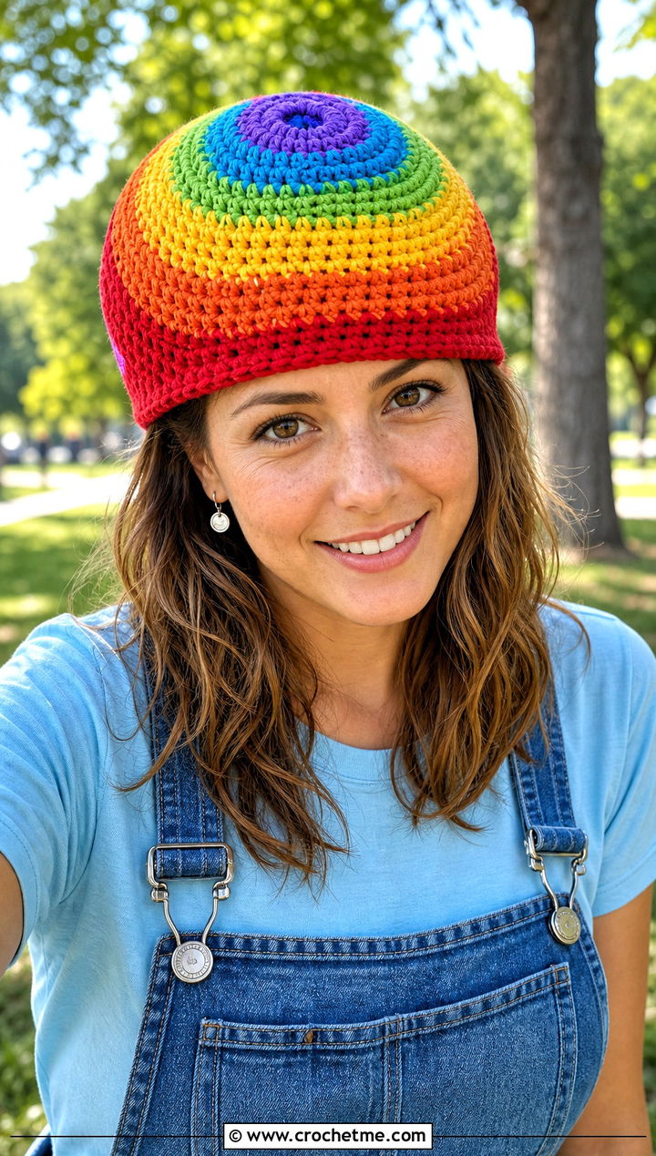 Rainbow Spiral Crochet Hat With Overalls - 25 Spiral Crochet Hat outfit ideas