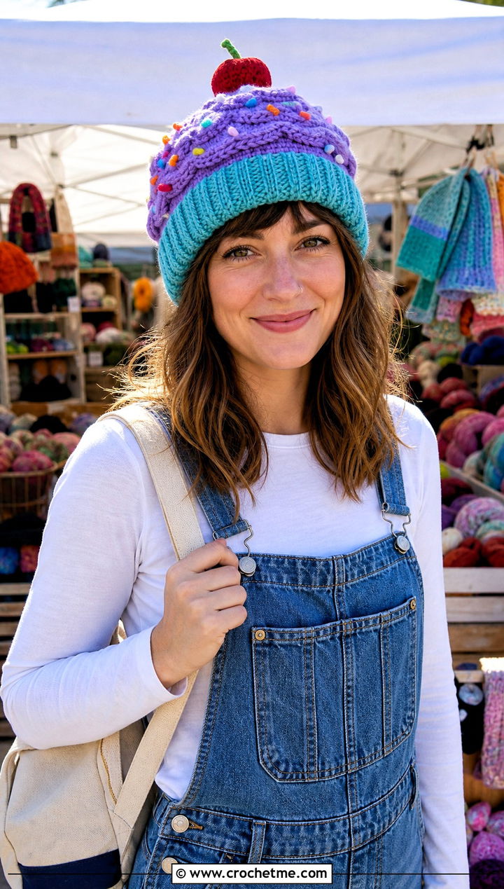 Rainbow Sprinkle Crochet Cupcake Beanie With Overalls - 15 Crochet Cupcake Beanie outfit ideas