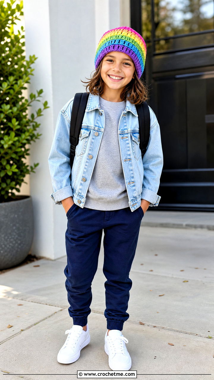 Rainbow Stripe Crochet Beanie With Denim Jacket - 35 childrens crochet hats outfit ideas