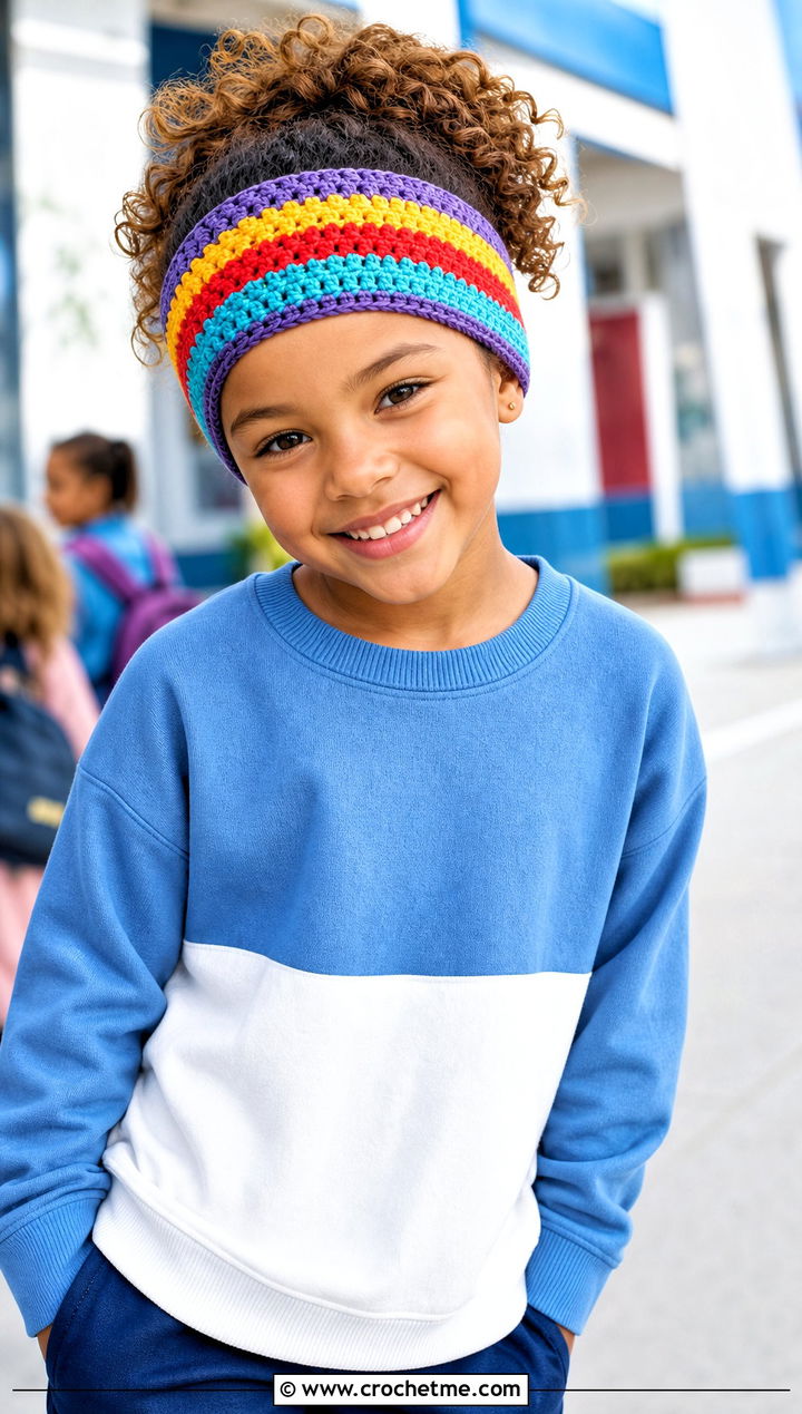 Rainbow Stripe Crochet Child Headband With Color Block Outfit - 20 Crochet Childs Headband outfit ideas