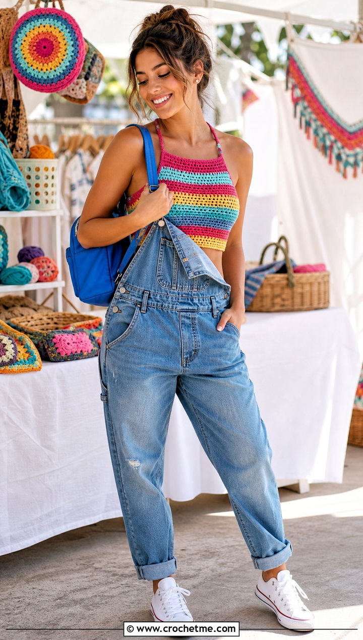 Rainbow Stripe Crochet Cleo Top With Denim Overalls - 30 crochet cleo top outfit ideas
