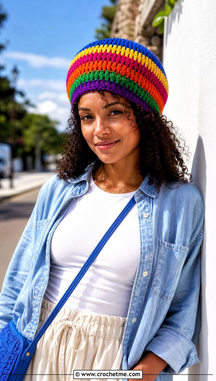 Rainbow Stripe Crochet Rasta Tam Hat With White Separates - 25 crochet rasta tam hat outfit ideas