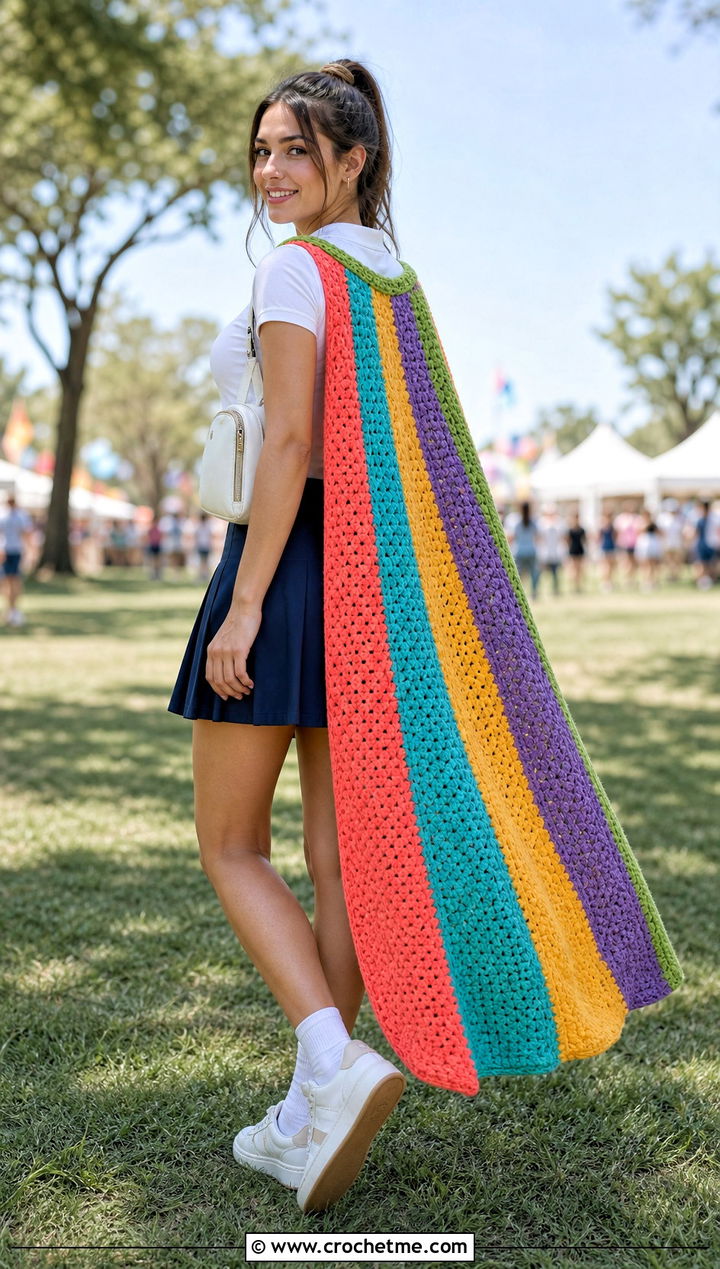 Rainbow Stripe Crochet Super Hero Cape With Tennis Skirt - 25 Crochet Super Hero Cape outfit ideas