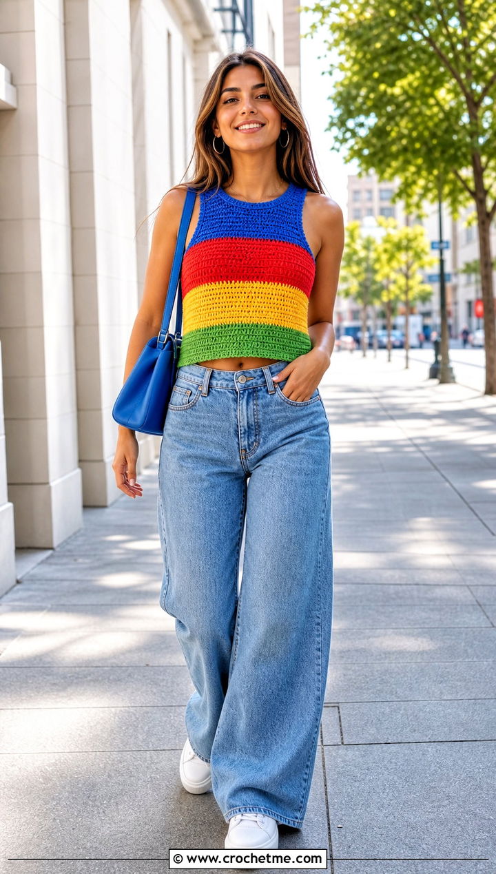 Rainbow Stripe Crochet Tank Top With Wide Leg Jeans - 35 crochet pride top outfit ideas