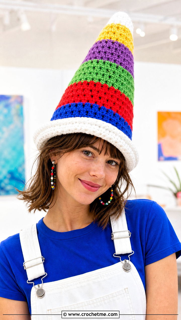 Rainbow Stripe Crochet Traffic Cone Hat With White Overalls - 25 crochet traffic cone hat outfit ideas