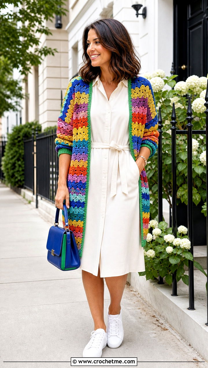 Rainbow Stripe Hex Crochet Cardigan With Shirt Dress - 35 hex crochet cardigan outfit ideas